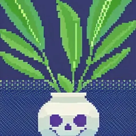 um esqueleto, Plantas de Monstera no fundo, pixelart