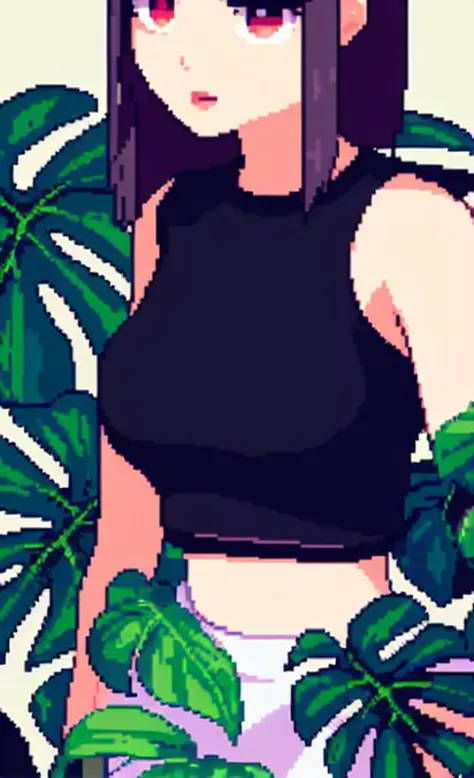 a cute woman in a black croptop and short skirt, blue eyes, monstera plants in the background, pixelart