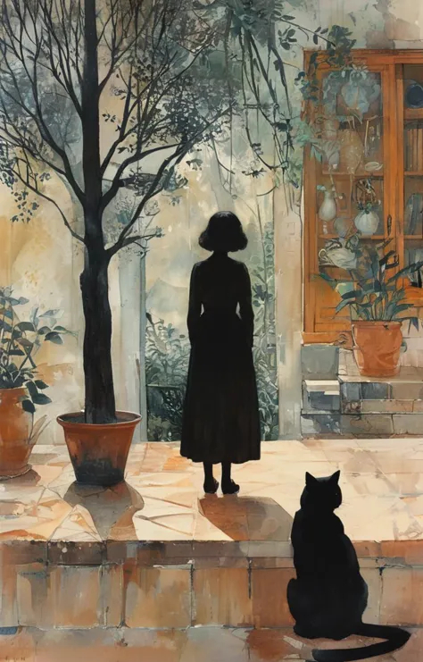 painting of a woman and a cat sitting on a porch