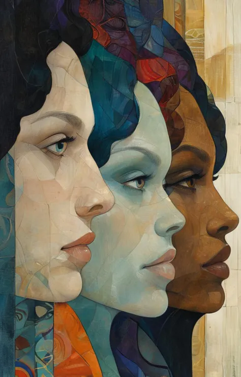 a painting of three women with different colored hair and a blue background