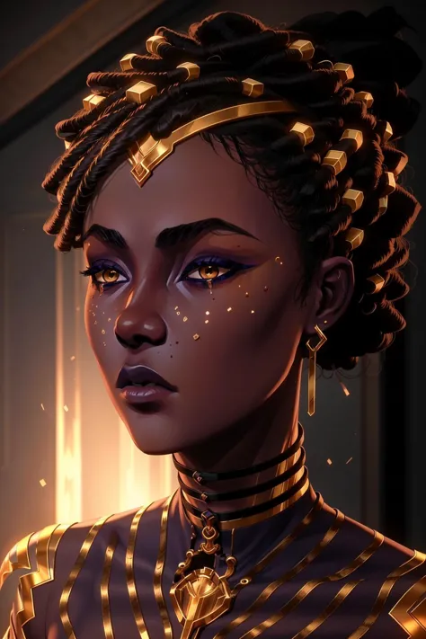 (masterpiece:1),(best quality:1),highly detailed,absurdres,intricate,volumetric lighting,cinematic lighting,award-winning,macro vivid colors
mature woman, dark skin, looking at viewer
Mel Medarda <lyco:MelMedarda_v10:0.8>