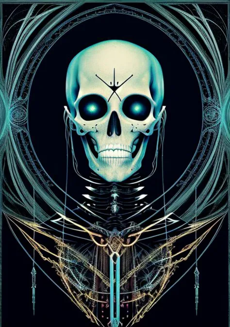 a close up of a skeleton with a clock on it's face