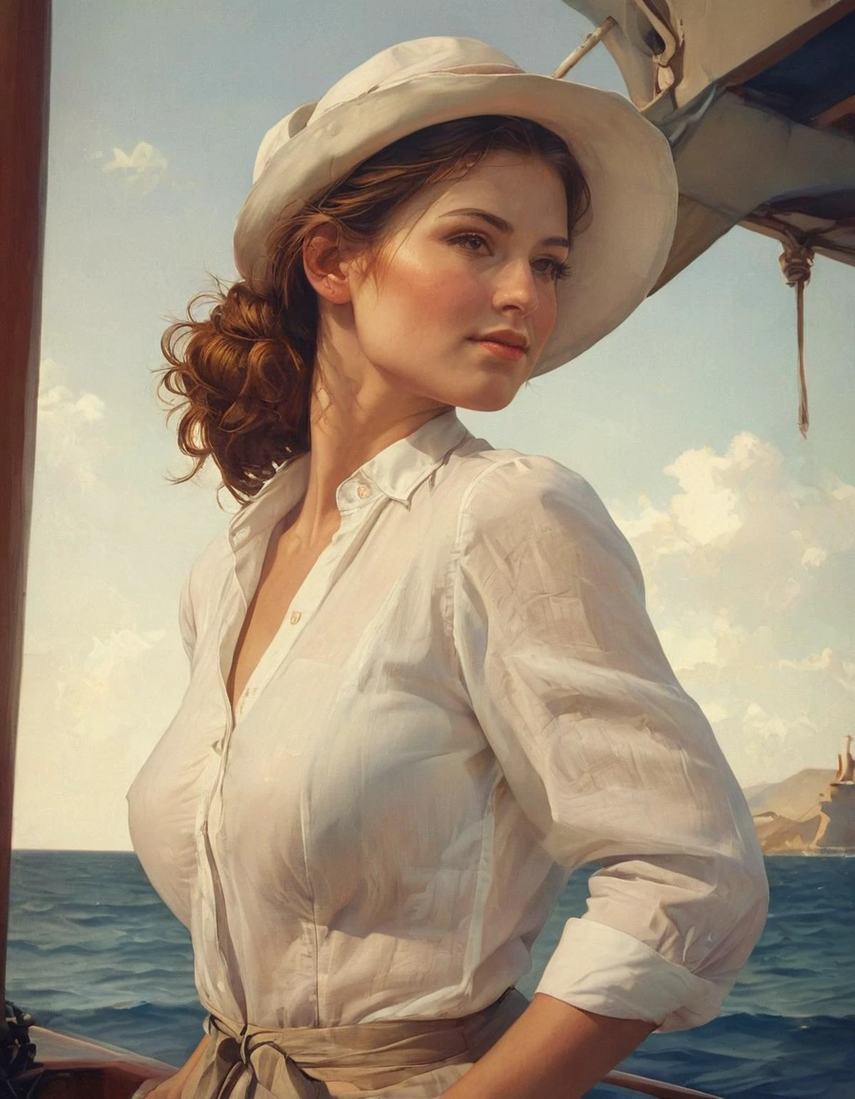 (肖像画), (閉じる), 船首に立つ女性, 肩越しに見る, 白い帽子を持ち上げる, ライトリネンシャツ, 赤褐色のお団子,イラスト, 映画のような, フィルム粒子垂れ乳, 不均一な胸