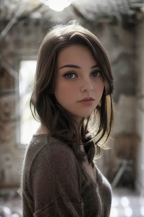 highly detailed realistic photograph of a 18yo woman, standing in a dusty old house, evocative pose, (dark ambience), (young beautiful face), intricate, (tight long grey sweater), highly detailed, cinematic lighting, POV from behind, looking over her shoulder, 