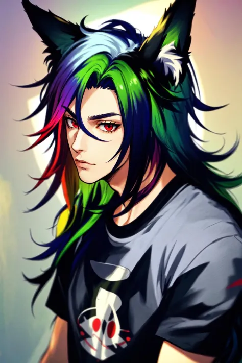 a close up of a person with colorful hair and a cat ear