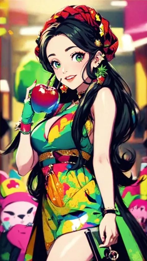 a woman in a colorful dress holding an apple in her hand