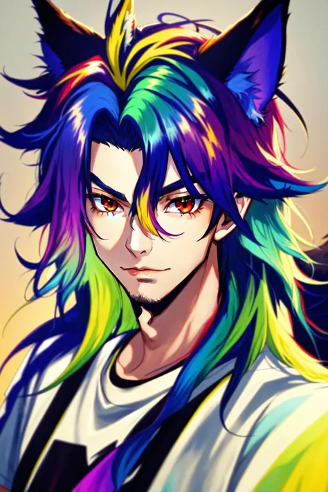 a drawing of a guy with colorful hair and a cat ears