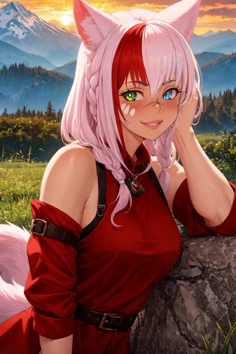 anime girl with pink hair and blue eyes sitting on a rock