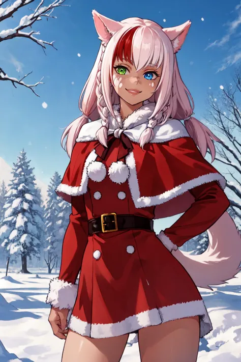 a woman in a red dress and white cat ears stands in the snow