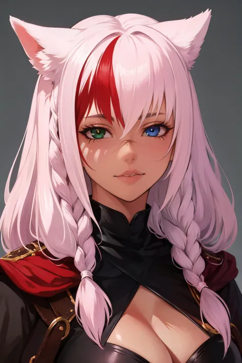 a close up of a woman with long hair and a cat ears