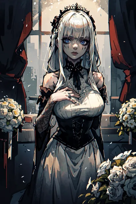 anime girl in a wedding dress standing in front of a window