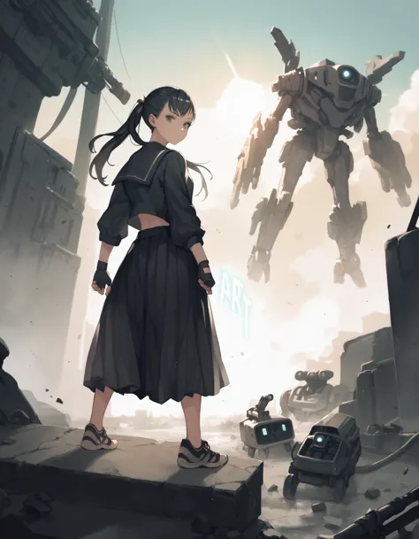 a woman standing in front of a giant robot in a city