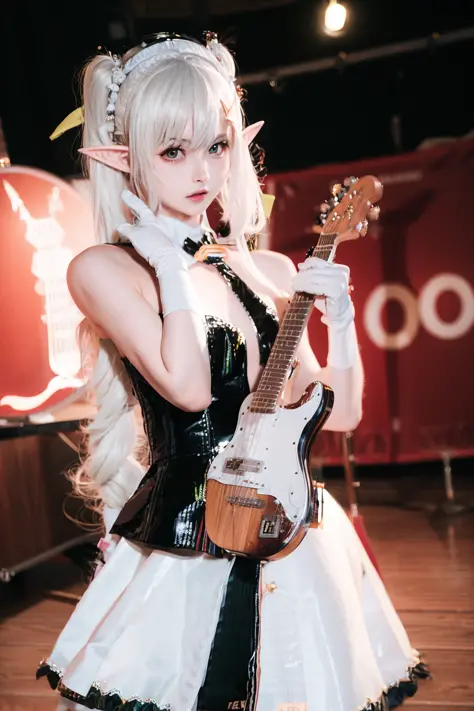 instrument, guitar, 1girl, water, playing_instrument, holding_instrument, violin, music, tree, blurry, gloves, blurry_background, solo, pointy_ears, acoustic_guitar, electric_guitar, bare_tree, white_gloves, long_hair, river, bow_\(instrument\), depth_of_field<lora:baijiang-000002:1>