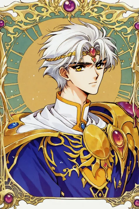 a picture of a man with white hair and a gold crown