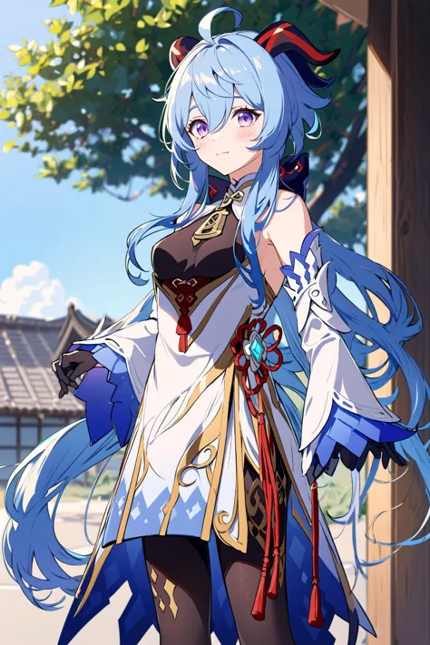 1girl, solo, ganyu (genshin impact), long hair, blue hair, ahoge, outdoors, blush, bangs, wide sleeves, long sleeves, blue dress, looking at viewer, hair between eyes, dress, closed mouth, hanfu, blurry, chinese clothes, alternate costume, sidelocks, purple eyes, standing, open clothes, goat horns, necklace,  very long hair, jewelry,  jacket, day,  <lora:ganyuGenshinImpact_v20:1>