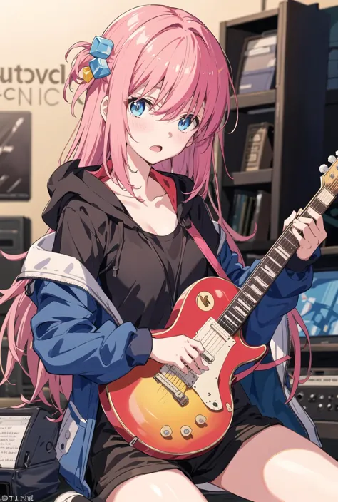 anime girl with pink hair holding a guitar in her hands