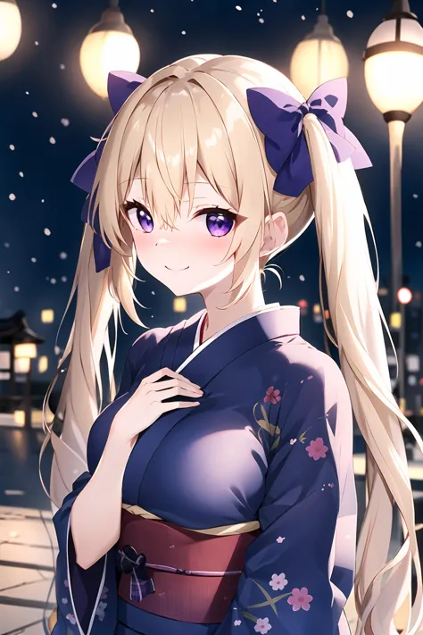 1girl, solo, blonde hair, twintails, low twintails, plaid bow, bangs,  purple eyes, blush, long hair, solo focus, hair between e...