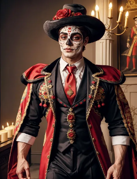 <lora:illustration:0.3> illustration, <lora:CatrinaMakeUp_Concept-10:0.3> CatrinaMakeUp, dia de los muertos + matador + traje de luces, <lora:epMatador1:0.3> epMatador outfit, necktie, jacket, epMatador_hat, male cute youthful face, looking at viewer, realistic, professional photo 4k, high resolution, high detail <lora:more_details:0.25>