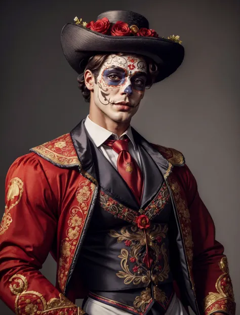 <lora:illustration:0.3> illustration, <lora:CatrinaMakeUp_Concept-10:0.3> CatrinaMakeUp, dia de los muertos + matador + traje de luces, <lora:epMatador1:0.3> epMatador outfit, necktie, jacket, epMatador_hat, male cute youthful face, looking at viewer, realistic, professional photo 4k, high resolution, high detail <lora:more_details:0.25>