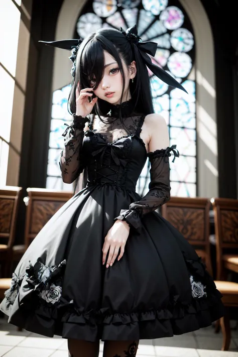 (pixiv masterpiece) absurdres, highres, ultra detailed
,bimbo,glossy, standing, cowboy shot, hand on own face, Chapel, hair over one eye, 
GothGal, a woman in a black and white dress,ribbon,lace,goth print, woman wearing a GothGal outfit  <lora:edgGothGal_...
