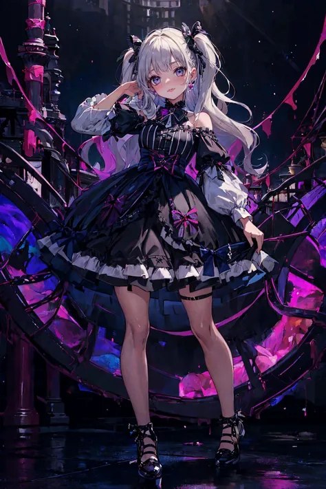 <lora:edgGothGal_MINI:1> GothGal, wearing a GothGal outfit, dress, ribbon, frills,  <lora:uv:0.7> blacklight, neon lights, neon clothes,, (masterpiece, top quality, best quality, beautiful and aesthetic:1.2), (1girl:1.3), original, high resolution, surreal,, straight-on, niagara falls, noon, index finger raised, striped shirt, vertical stripes, black skirt, (bulb_toe_shoes), wavy mouth, closed mouth