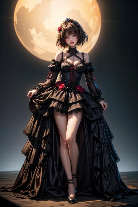 a woman in a black dress standing in front of a full moon