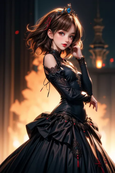 1girl, cute girl, heavy makeup, red lips, short hair long locks, brown hair, <lora:hairdetailer:0.8>, hair ornament, jewelry, tiara, brown eyes, small breast,
<lora:ballgownGoth:0.8>, Gothgal, long ballgown, detached sleeves, ribbons, lace, frills, black gown,
cute pose, seductive smile, (full body shot),
<lora:more_details:0.8>, <lora:OMG-Is-DucHaiten_v1.0:1>, high details, realistic, masterpiece, ultra-detailed, volumetric fog, HDR,