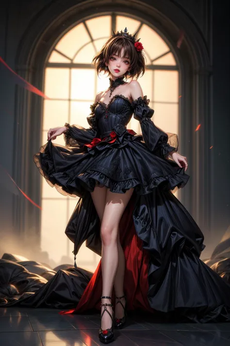 1girl, cute girl, heavy makeup, red lips, short hair long locks, brown hair, <lora:hairdetailer:0.8>, hair ornament, jewelry, tiara, brown eyes, small breast,
<lora:ballgownGoth:0.8>, Gothgal, long ballgown, detached sleeves, ribbons, lace, frills, black gown,
cute pose, seductive smile, (full body shot),
<lora:more_details:0.8>, <lora:OMG-Is-DucHaiten_v1.0:1>, high details, realistic, masterpiece, ultra-detailed, volumetric fog, HDR,