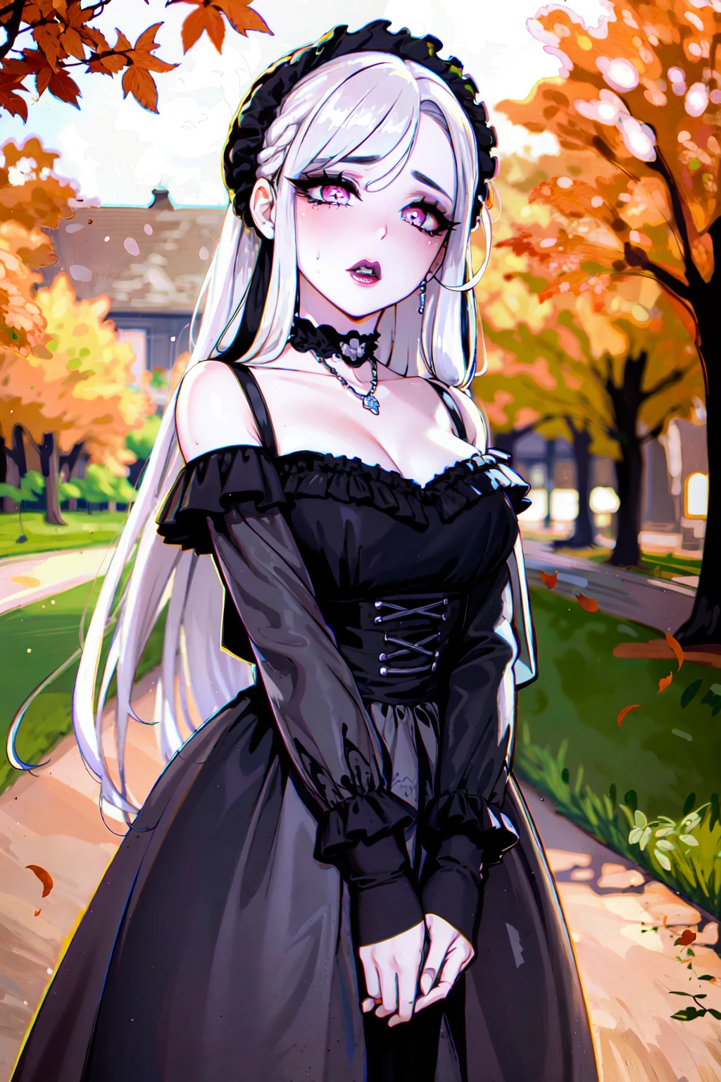 (masterpiece:1.2), (best quality:1.2), perfect eyes, perfect face, perfect lighting, 1girl, mature female gothgal standing, long hair, intricate hairdo, makeup, black lips, thick eyelashes, wearing a gothgal outfit, black and (white:1.2) dress, frills, ribbons, puffy sleeves, bare shoulders, lacey choker, jewelry, peaceful, quiet, chill, detailed outdoor background, beautiful landscape, fantasy, autumn, warm colors, falling leaves  