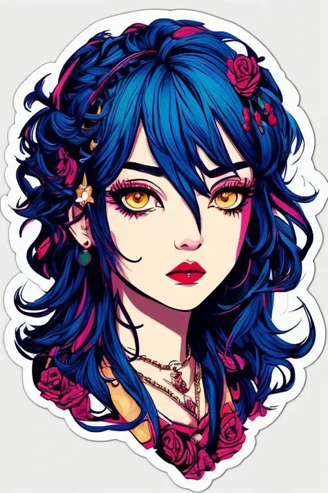 a sticker with a girl with blue hair and flowers on her head