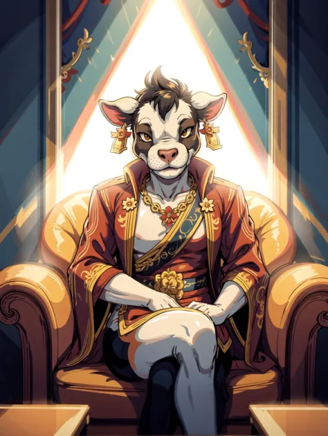 ((masterpiece), best quality, high quality, professional quality, highly detailed, highres, perfect lighting, natural lighting), cartoony:1.5, cow furry:1.5, sitting, crossed legs, buddha pose, wearing buddha clothing, sticker, <lora:StickersRedmond15Version-Stickers-Sticker:1.5>,  <lora:cutemix5:0.6>, <lora:DerpixonStyle:0.4>