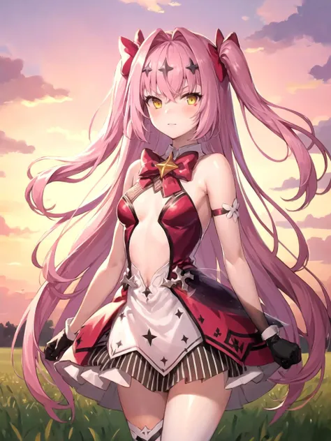 a woman with long pink hair and a red and white dress