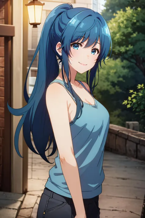 best quality, (masterpiece:1.2), detailed,
<lora:chara_JakuChara_NanamiMinami_v1:0.8>,
1girl, solo, smile, closed mouth,
blue hair, blue eyes, long hair, ponytail,
blue shirt, tank top, sleeveless,
standing, looking at the viewer,
night, forest