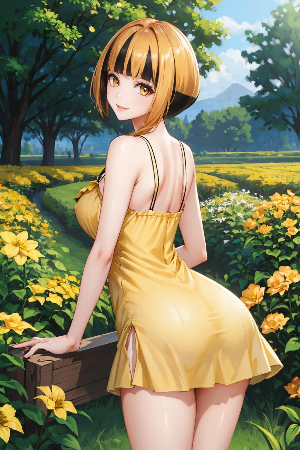 杰作, 最好的质量,  纳塔内, 多彩的头发, (黄色太阳裙:1.3), 花园, 黄色的花, 看着观众, 大乳房, 从后面, 微笑