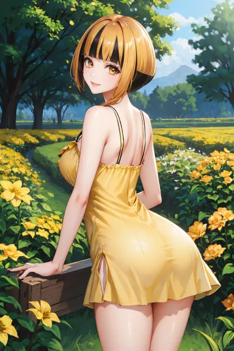 masterpiece, best quality,  <lora:gardenia-nvwls-v1-000008:1> natane, multicolored hair, (yellow sundress:1.3), garden, yellow f...