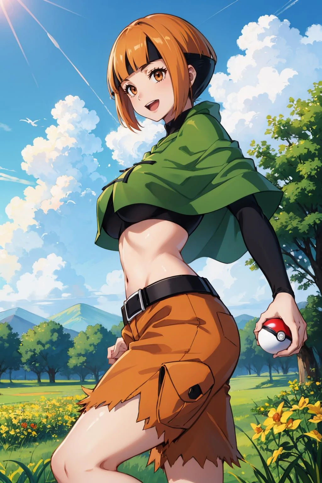 masterpiece, best quality,  natane, multicolored hair, green capelet, black shirt, long sleeves, midriff, belt, orange shorts, large breasts, green boots, furrowed brow, :D, holding poke ball, poke ball \(basic\), from side, standing, garden, field, sky, clouds