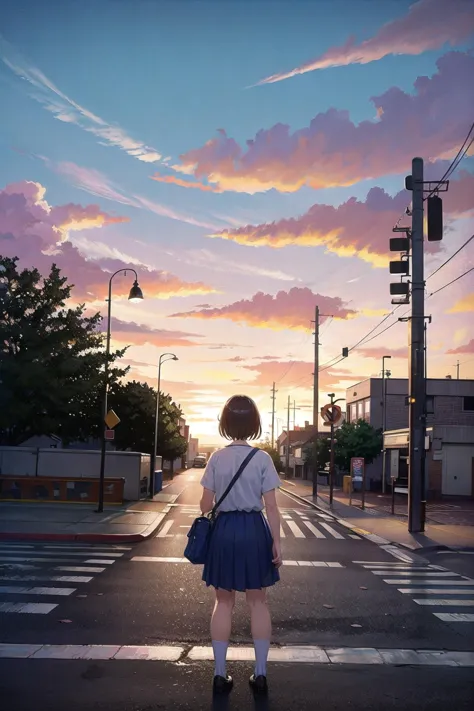 noctiluca, 1girl, sky, solo, cloud, outdoors, school uniform, scenery, skirt, lamppost, power lines, road, short hair, bag, tree...