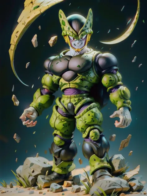 masterpiece, best quality, hight quality eyes, ultra-detailed, 1boy, perfect_cell, full_body, masterpiece, grin, front_view <lora:Cell:1> NOTE: The face was inpainted, space, cracked ground and lots of rocks rising up, perfect hands <lora:GoodHands-vanilla...