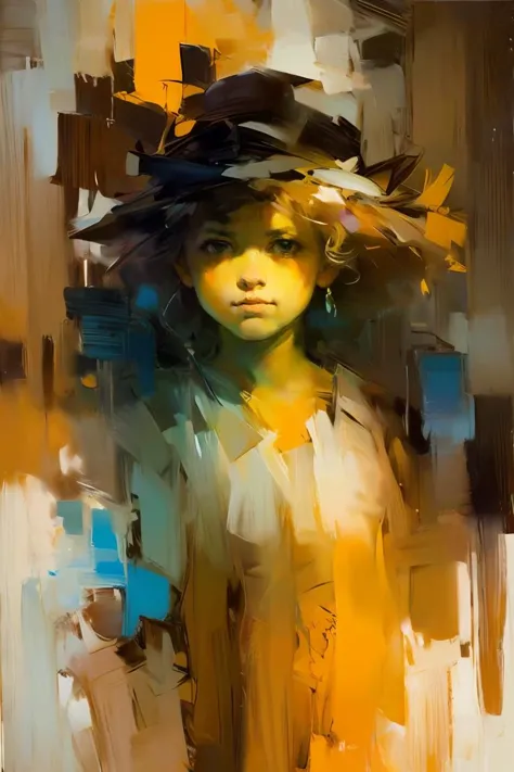 OIL PAINTING,IMPRESSIONISM,(masterpiece, best quality, ultra-detailed, best shadow),(detailed background),realistic ,(Rembrandt),  <lora:DWM_painting:0.6>,1girl,looking at viewer, color field painting, (large swaths of color):1.2, abstract expressionism, bold hues, emotional impact, atmospheric depth,