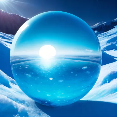 a close up of a snow covered mountain with a large blue ball