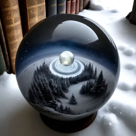 there is a snow globe with a picture of a snowy landscape inside