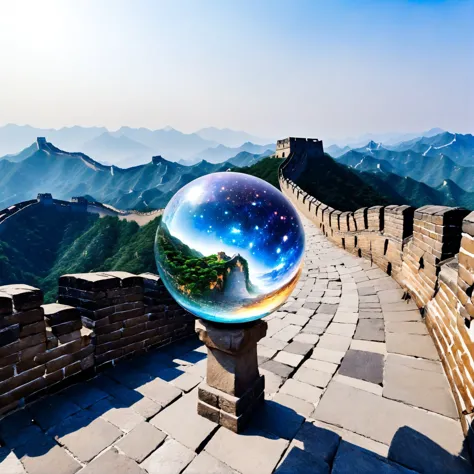 a large glass ball sitting on top of a stone wall