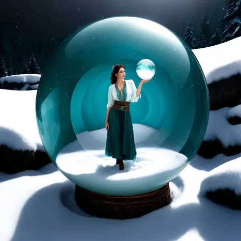 arafed woman in a green dress holding a snow globe