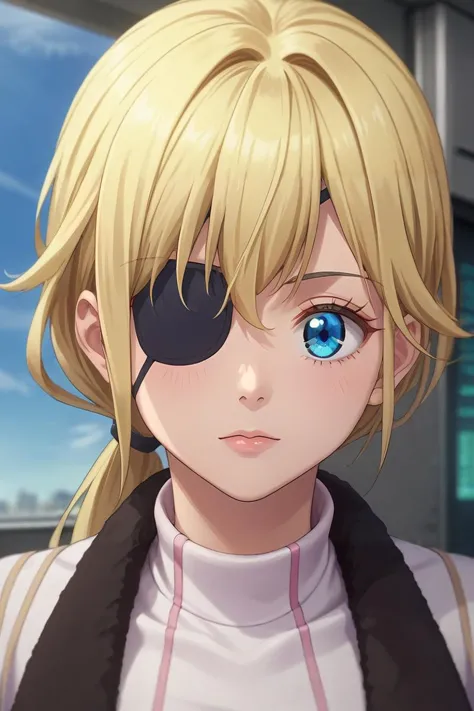 a close up of a person with a pirate eye patch on their face