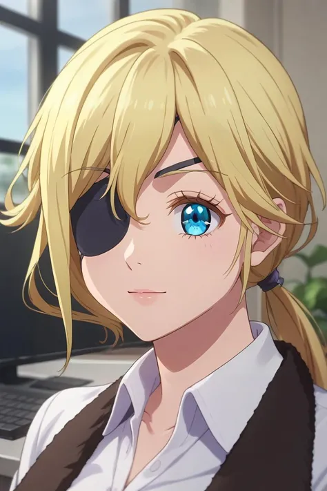 score_9, score_8_up, score_7_up, source_anime, rating_safe, intricate details, semi-realistic, looking at viewer, depth of field, 1girl, solo, <lora:muriel_besson_pony:0.94>, muriel_besson, blonde hair, blue eyes, eyepatch, long hair, ponytail, low ponytail, close-up, office, computers, night, crescent moon, (pose), giggling, , <lora:sdxl_lightning_8step_lora:1>