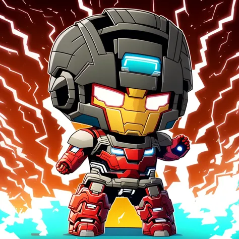 masterpiece, Iron Man standing menacingly on a dark background with lightnings behind him, thick black outline