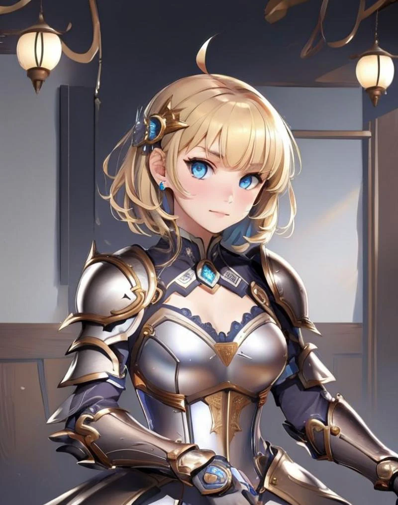 m1911,blue_eyes, blonde_hair, short_hair, bangs,throneroom,  armored dress, armored_dress, medium shot, ahoge, best quality, masterpiece, detailed, 8K, uhd, (extremely detailed CG unity 8k wallpaper),(masterpiece), (best quality), (ultra-detailed), (best illustration), detailed face, skin pores, detailed skin, detailed eyes, high quality eyes, good quality hands, high resolution, great anatomy