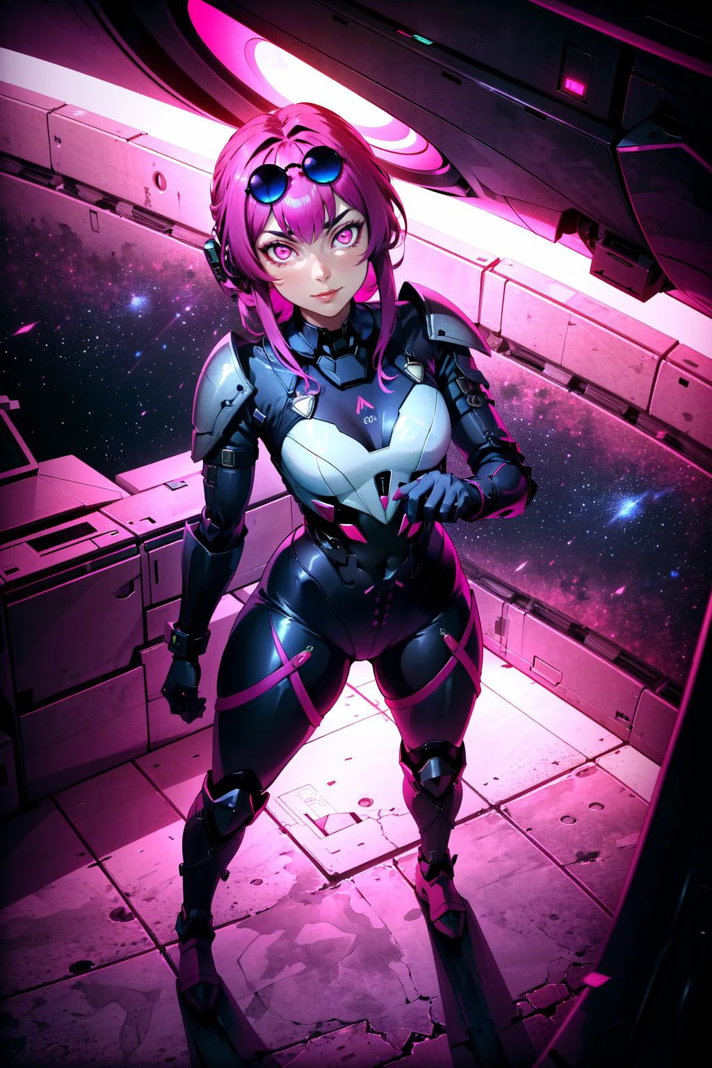 (masterpiece, best quality, absurdres), 1girl, solo, kafka, mommy kafka, pink eyes, glowing eyes, cowboy shot, looking at viewer,smug, squatting, from above, eyewear on head, full body armor, tech armored impossible bodysuit, pink bodysuit, spacecraft interior, spacecraft
