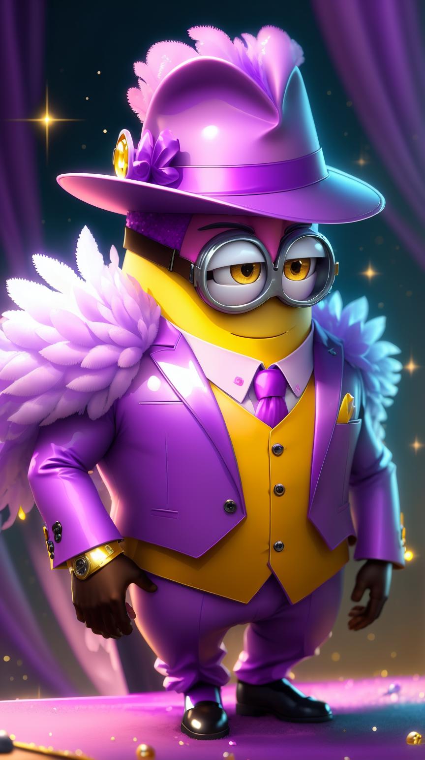 A close up of a cartoon character dressed in a purple suit and hat - SeaArt  AI