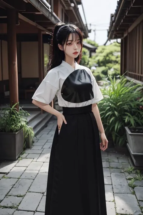 a woman in a black and white dress standing on a brick walkway